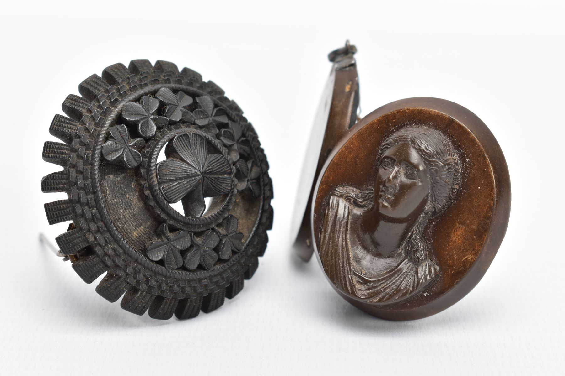 A JET BROOCH AND A VULCANITE PENDANT, the jet brooch of a circular form, decorated with carved - Image 3 of 6