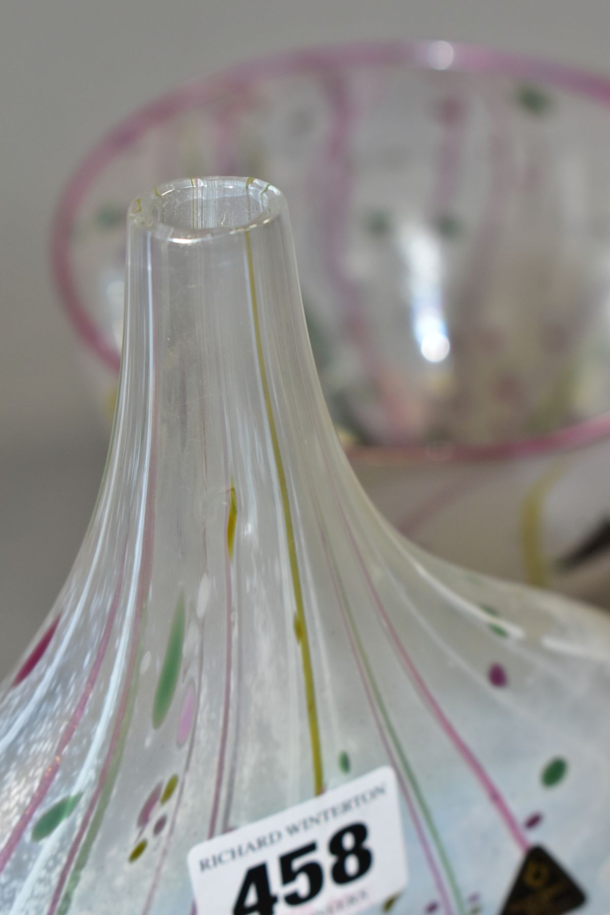 TWO PIECES OF ISLE OF WIGHT GLASS, both decorated with speckled and streaked pink and green design - Image 6 of 7