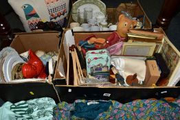 THREE BOXES AND LOOSE CERAMICS, HABERDASHERY, CLOTHING AND MISCELLANEOUS ITEMS, to include a Royal
