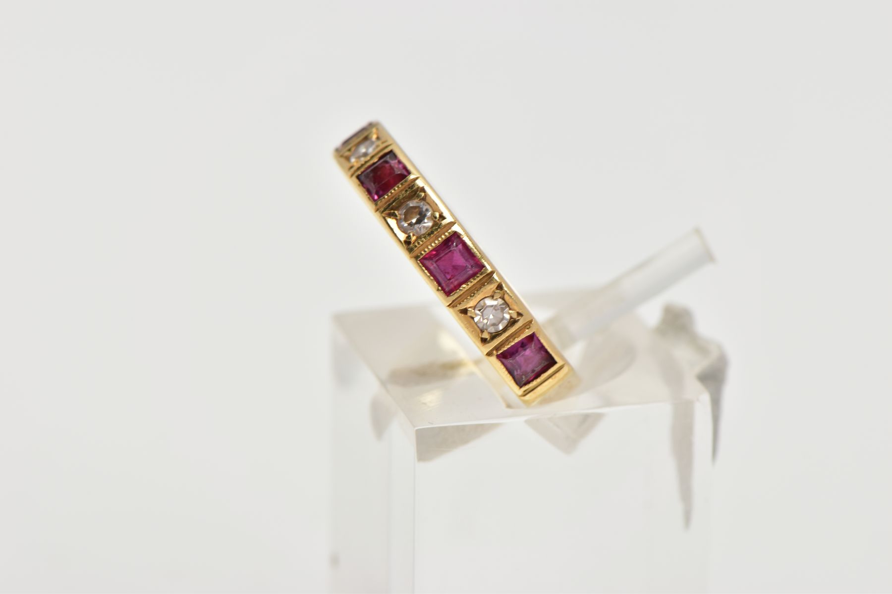 A DIAMOND AND RUBY HALF ETERNITY RING, five square cut rubies and four round brilliant cut - Image 2 of 4