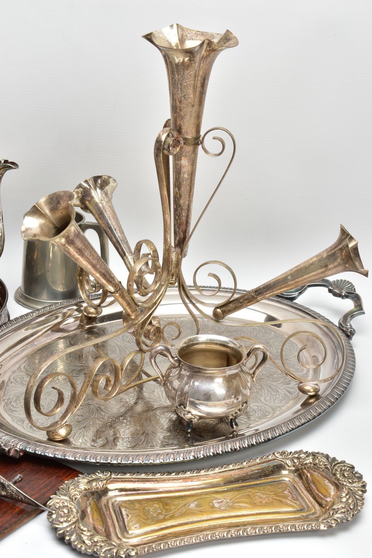 A BOX OF ASSORTED WHITE METAL WARE, to include a silver-plated teapot, a white metal floral centre - Image 3 of 11