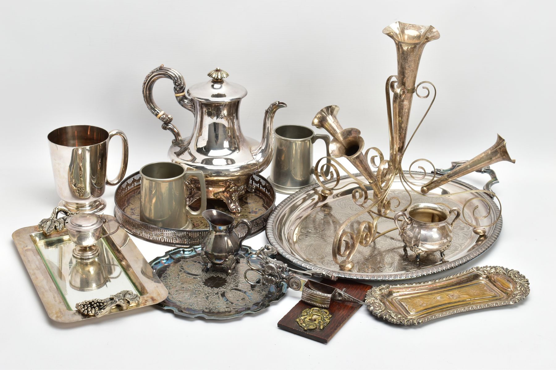 A BOX OF ASSORTED WHITE METAL WARE, to include a silver-plated teapot, a white metal floral centre