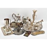 A BOX OF ASSORTED WHITE METAL WARE, to include a silver-plated teapot, a white metal floral centre