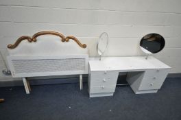 A WHITE FINISH DRESSING TABLE, with two circular swing mirrors, width 145cm x depth 48cm x height