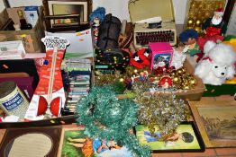 SEVEN BOXES AND LOOSE TYPEWRITER, SEWING ITEMS, CHRISTMAS DECORATIONS, PICTURES AND SUNDRY ITEMS, to