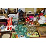 SEVEN BOXES AND LOOSE TYPEWRITER, SEWING ITEMS, CHRISTMAS DECORATIONS, PICTURES AND SUNDRY ITEMS, to