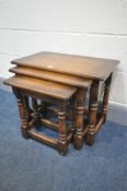 A SOLID OAK NEST OF THREE TABLES, largest tables width 61cm x depth 35cm x height 47cm