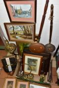 A BOX AND LOOSE METALWARES AND PICTURES ETC, comprising twelve framed prints and original artwork,