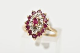 A 9CT GOLD RUBY AND DIAMOND CLUSTER RING, slightly raised cluster of a navette form, set with a