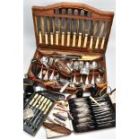 A CANTEEN OF CUTLERY AND ASSORTED ITEMS, a wooden canteen complete with assorted cutlery, the knives