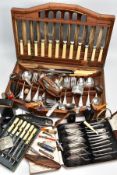 A CANTEEN OF CUTLERY AND ASSORTED ITEMS, a wooden canteen complete with assorted cutlery, the knives