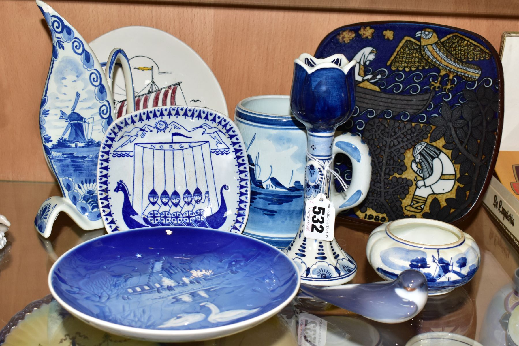 A SMALL GROUP OF SCANDANAVIAN AND DUTCH CERAMICS, including a Royal Copenhagen Swallow, model no.