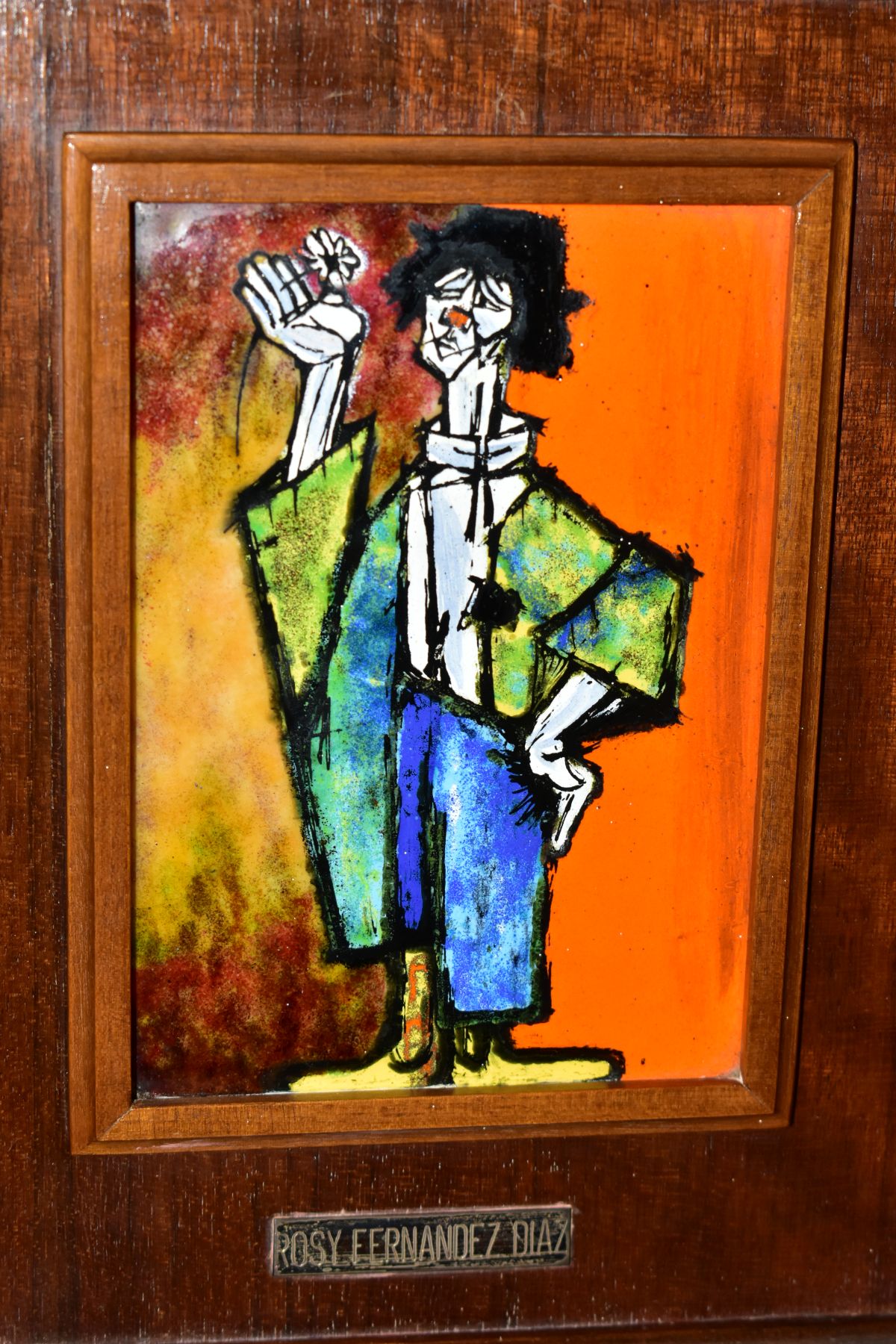 AFTER PABLO PICASSO 'PAUL AS PIERROT', a wood framed enamel plaque depicting the artists son dressed - Image 2 of 4