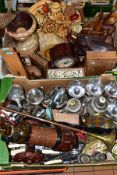 TWO BOXES AND LOOSE METALWARES, TREEN, CLOCK AND SUNDRY ITEMS, to include a small mantel clock,