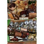 TWO BOXES AND LOOSE METALWARES, TREEN, CLOCK AND SUNDRY ITEMS, to include a small mantel clock,