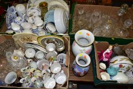 FOUR BOXES AND LOOSE CERAMICS AND GLASS WARES, to include a Royal Doulton Pretty Ladies Alexandra
