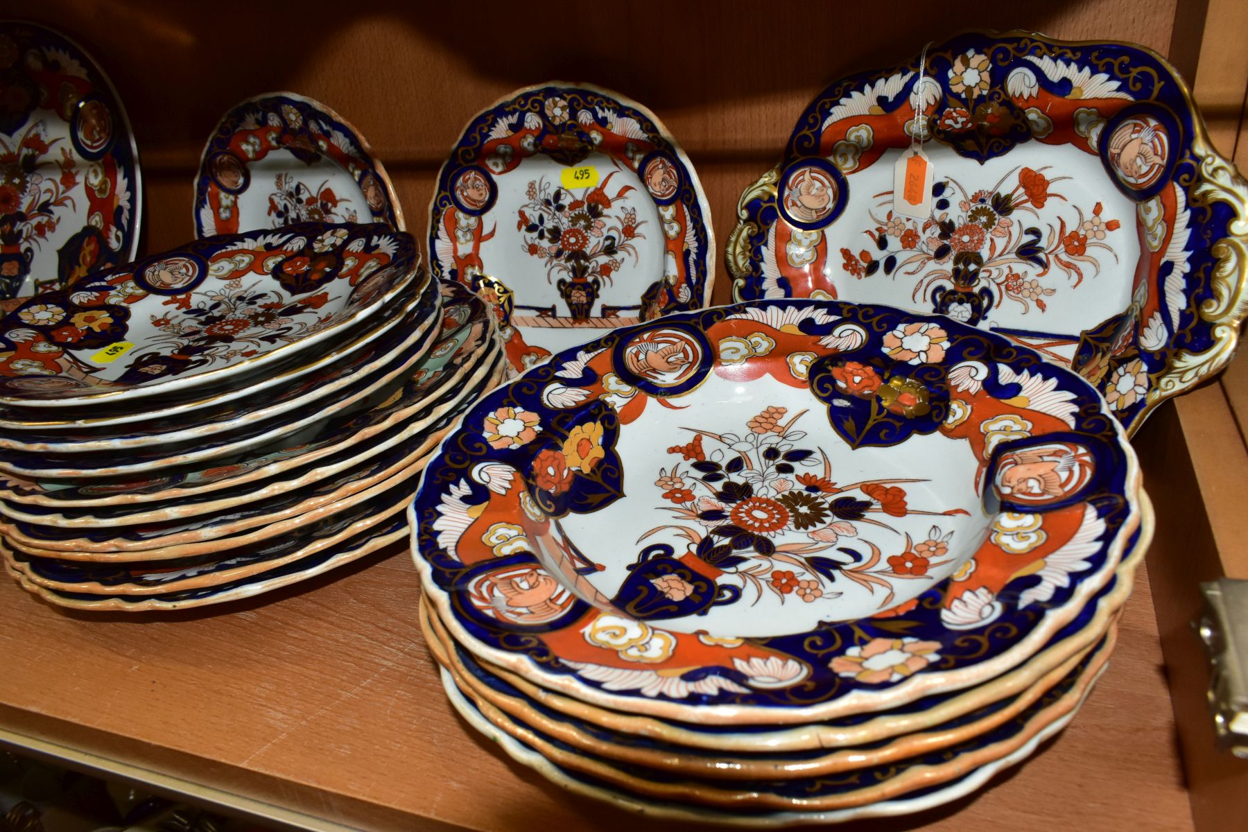 A MATCHED 19TH CENTURY IRONSTONE IMARI PART DINNER SERVICE, comprising Masons Ironstone twin handled - Image 5 of 12