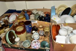 FIVE BOXES OF CERAMICS ETC, to include ovenware dishes and roasting pans, stoneware storage jars,
