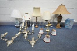 FIVE VARIOUS TABLE LAMPS, to include gilt on resin Greek table lamp, a Laura Ashley glass table