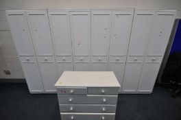 FOUR WHITE DOUBLE DOOR WARDROBES, width 75cm x depth 54cm x 190cm, and a modern chest of six drawers