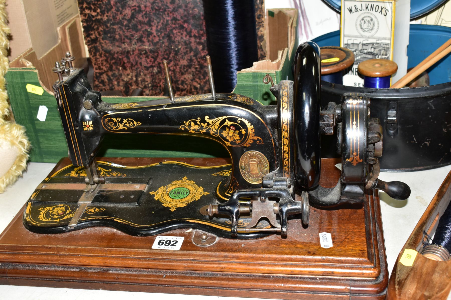 SEWING ACCESSORIES ETC, to include a Varley & Wolfenden Family sewing machine, box of seven reels of - Image 3 of 16