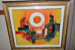 A COLLECTION OF 20TH CENTURY PAINTINGS ETC, to include an abstract cityscape signed Wilkinson, oil