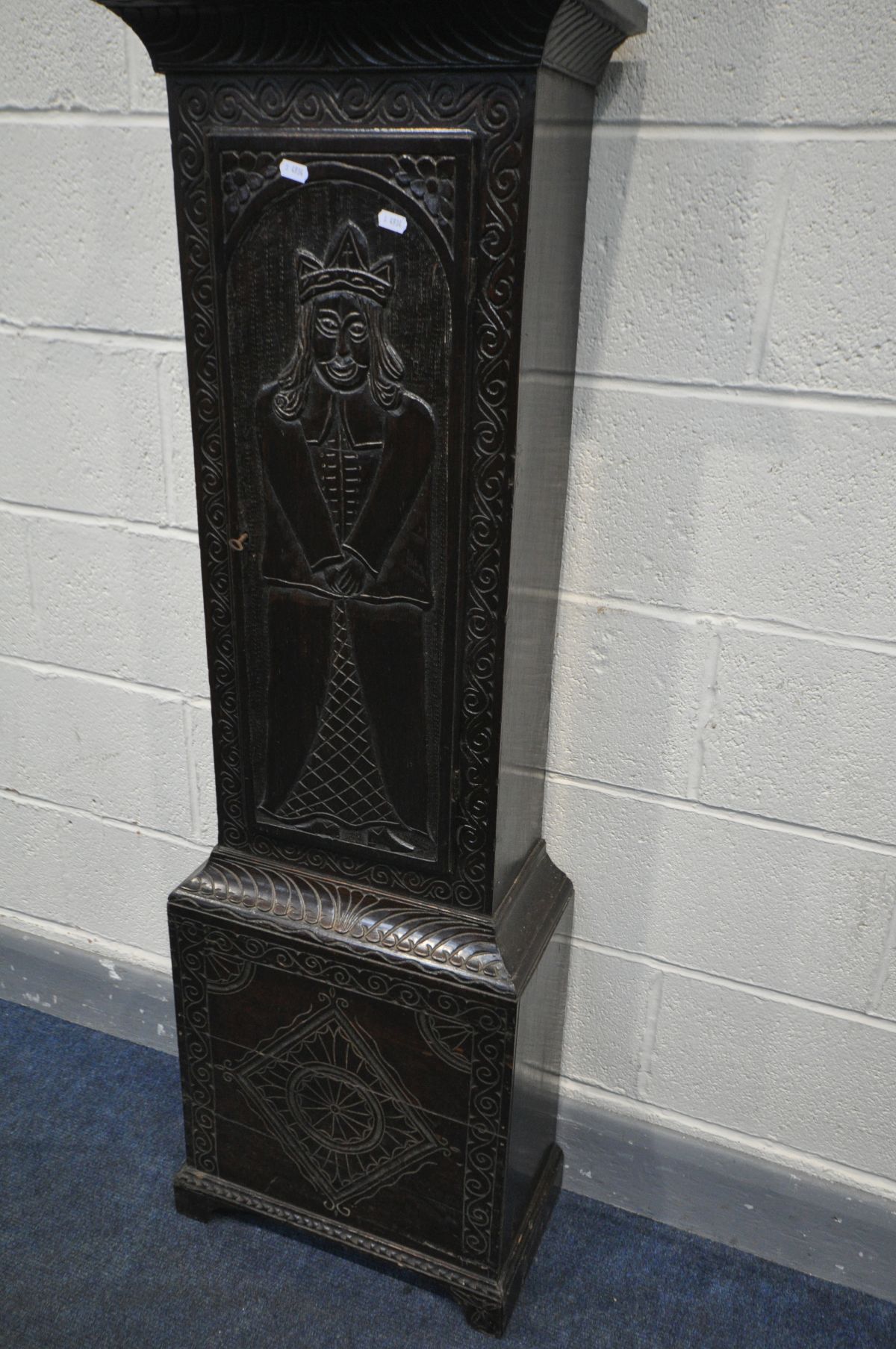 A GEORGIAN CARVED OAK LONGCASE CLOCK, the hood enclosing a brass 10 1/2' dial, moonphase to arch, - Image 6 of 7