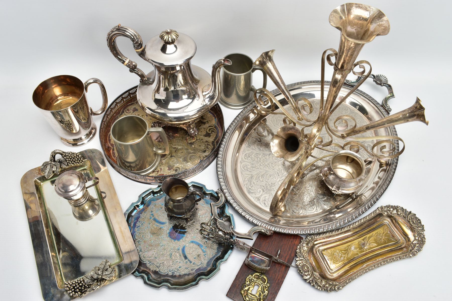 A BOX OF ASSORTED WHITE METAL WARE, to include a silver-plated teapot, a white metal floral centre - Image 2 of 11