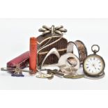 AN ASSORTMENT OF WHITE METAL JEWELLERY AND OTHER ITEMS, to include a boxed silver napkin ring,