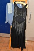 A 1920S BEADED EVENING DRESS, VINTAGE BLOUSE AND GLOVES, 1920s black evening dress with rows of