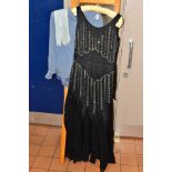 A 1920S BEADED EVENING DRESS, VINTAGE BLOUSE AND GLOVES, 1920s black evening dress with rows of