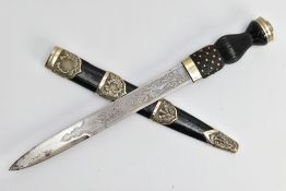 A MODERN SCOTTISH PIPERS DIRK, nickel crown pommel set into a basket weave carved ebonised and brass