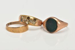 THREE RINGS SCRAP CONDITION, an oval bloodstone signet ring, stamped 9ct, a domed ring set with