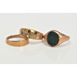 THREE RINGS SCRAP CONDITION, an oval bloodstone signet ring, stamped 9ct, a domed ring set with