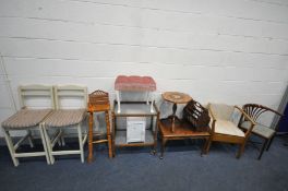 A SELECTION OF OCCASIONAL FURNITURE, to include an Edwardian mahogany corner chair, two high stools,