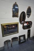 A SELECTION OF WALL MIRRORS, to include two French style gilt metal mirrors, two oak bevelled edge