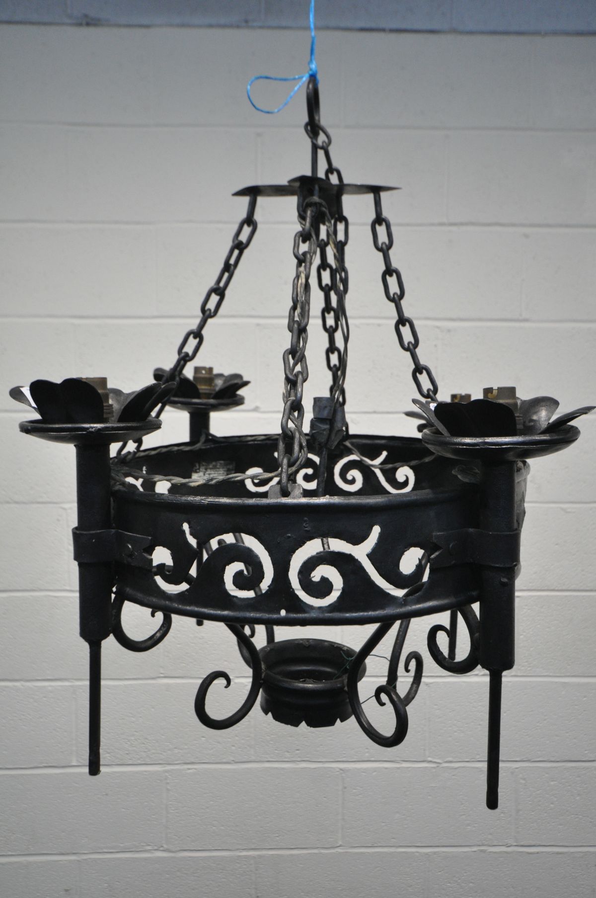 A WROUGHT IRON CIRCULAR CHANDELIER, with four light fittings, diameter 43cm x drop 62cm - Image 2 of 2