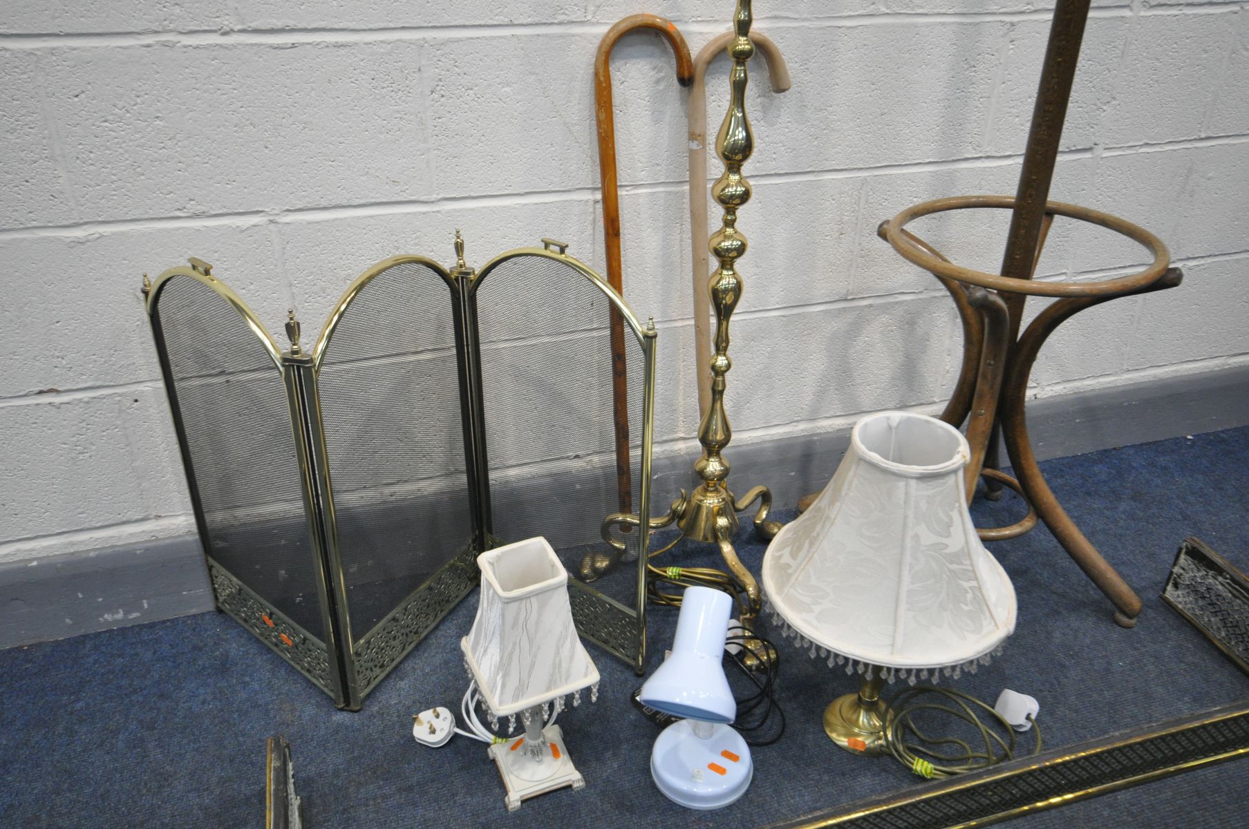 A BENTWOOD STYLE BEECH HAT STAND, along with a brass standard lamp, folding fire screen, brass - Image 2 of 3