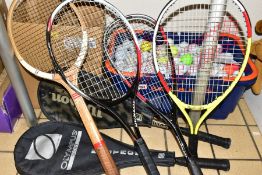 SIX TENNIS/SQUASH RACQUETS AND A BASKET OF GOLF BALLS, comprising Wilson Cobra, Slazenger Xcel 360