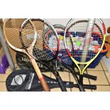 SIX TENNIS/SQUASH RACQUETS AND A BASKET OF GOLF BALLS, comprising Wilson Cobra, Slazenger Xcel 360