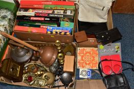 THREE BOXES OF METALWARES, GAMES AND SUNDRY ITEMS, to include brass and copper wares: a kettle,