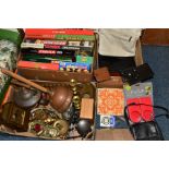 THREE BOXES OF METALWARES, GAMES AND SUNDRY ITEMS, to include brass and copper wares: a kettle,