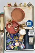A BOX OF MISCELLANEOUS ITEMS, to include a boxed cake knife, a selection of cufflinks, a selection