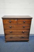 A VICTORIAN FLAME MAHOGANY CHEST OF TWO SHORT OVER THREE LONG DRAWERS, turned handles, on flat bun