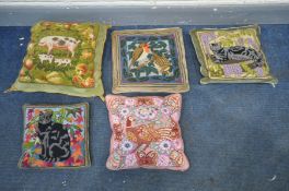 FIVE VARIOUS NEEDLEWORK CUSHIONS OF VARIOUS ANIMALS