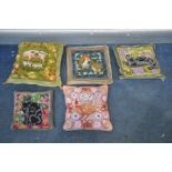 FIVE VARIOUS NEEDLEWORK CUSHIONS OF VARIOUS ANIMALS