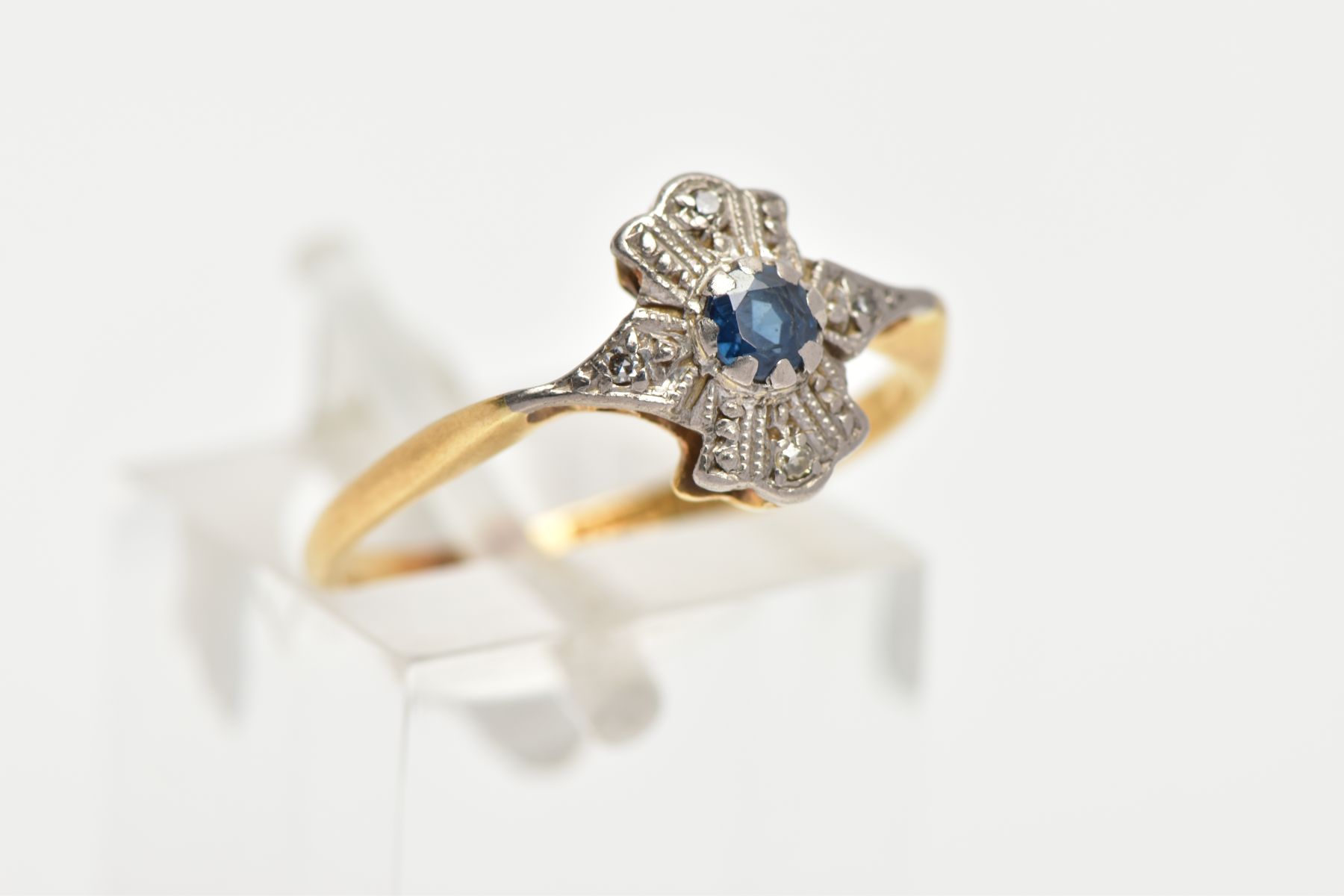 A 18CT GOLD SAPPHIRE AND DIAMOND RING, a circular cut blue sapphire set in an art deco style white - Image 4 of 4