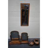 TWO VICTORIAN MAHOGANY SWING MIRRORS, a modern mirror, a possibly Indian hammered copper vessel (