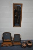 TWO VICTORIAN MAHOGANY SWING MIRRORS, a modern mirror, a possibly Indian hammered copper vessel (