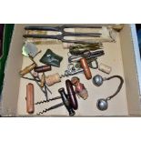 A BOX OF COLLECTABLE METAL WARES ETC, to include two pairs of Marcel hair curling tongs, three